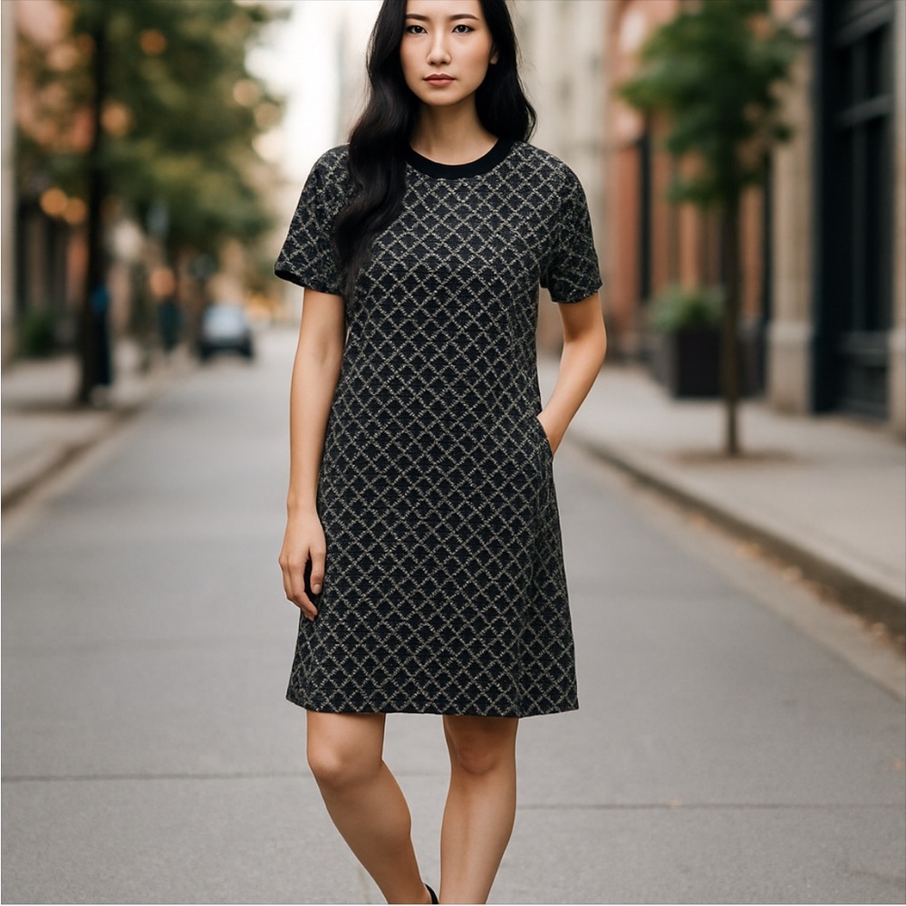 Michael Kors Black and Silver Ponte Patterned Dress NWT